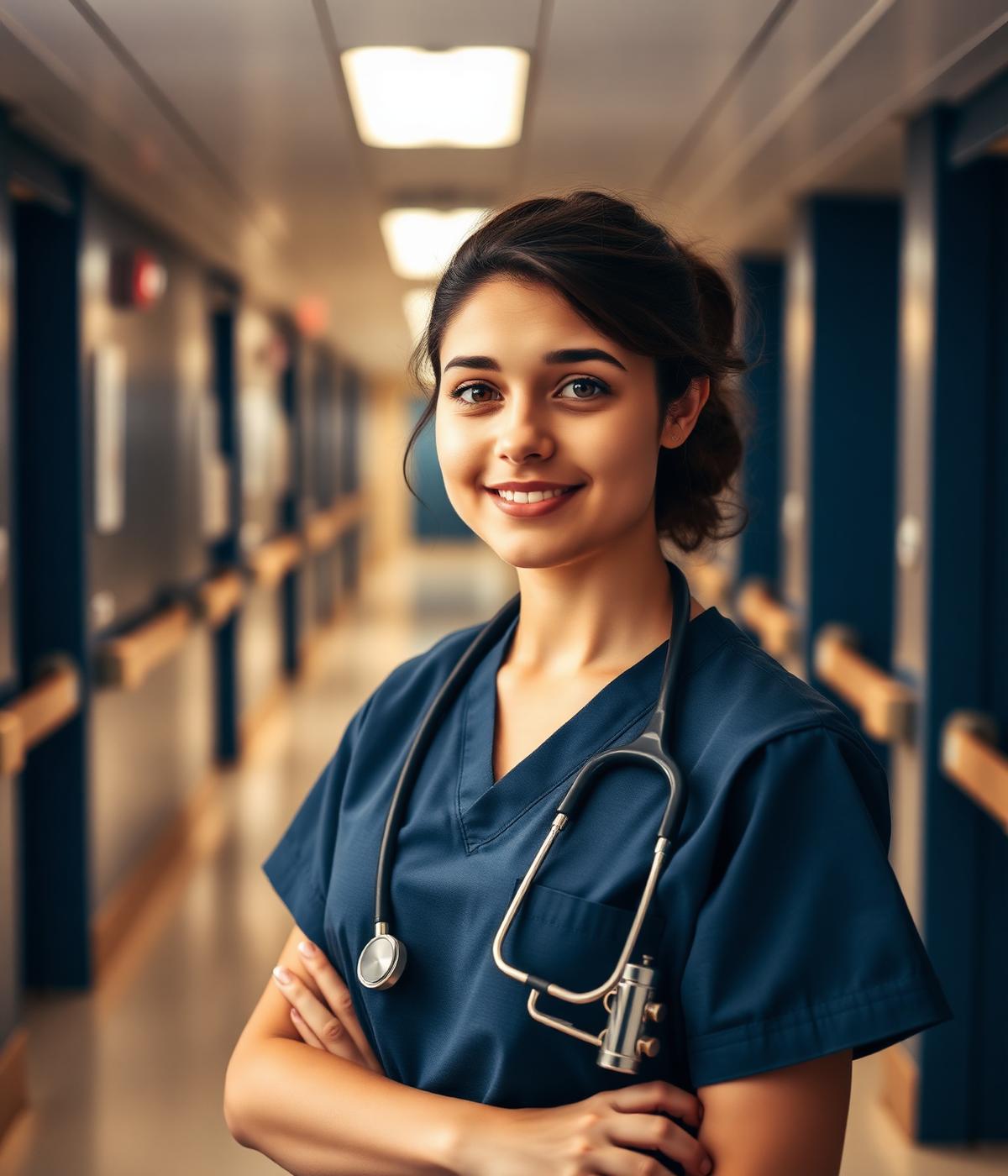 Healthcare student in scrubs with stethoscope