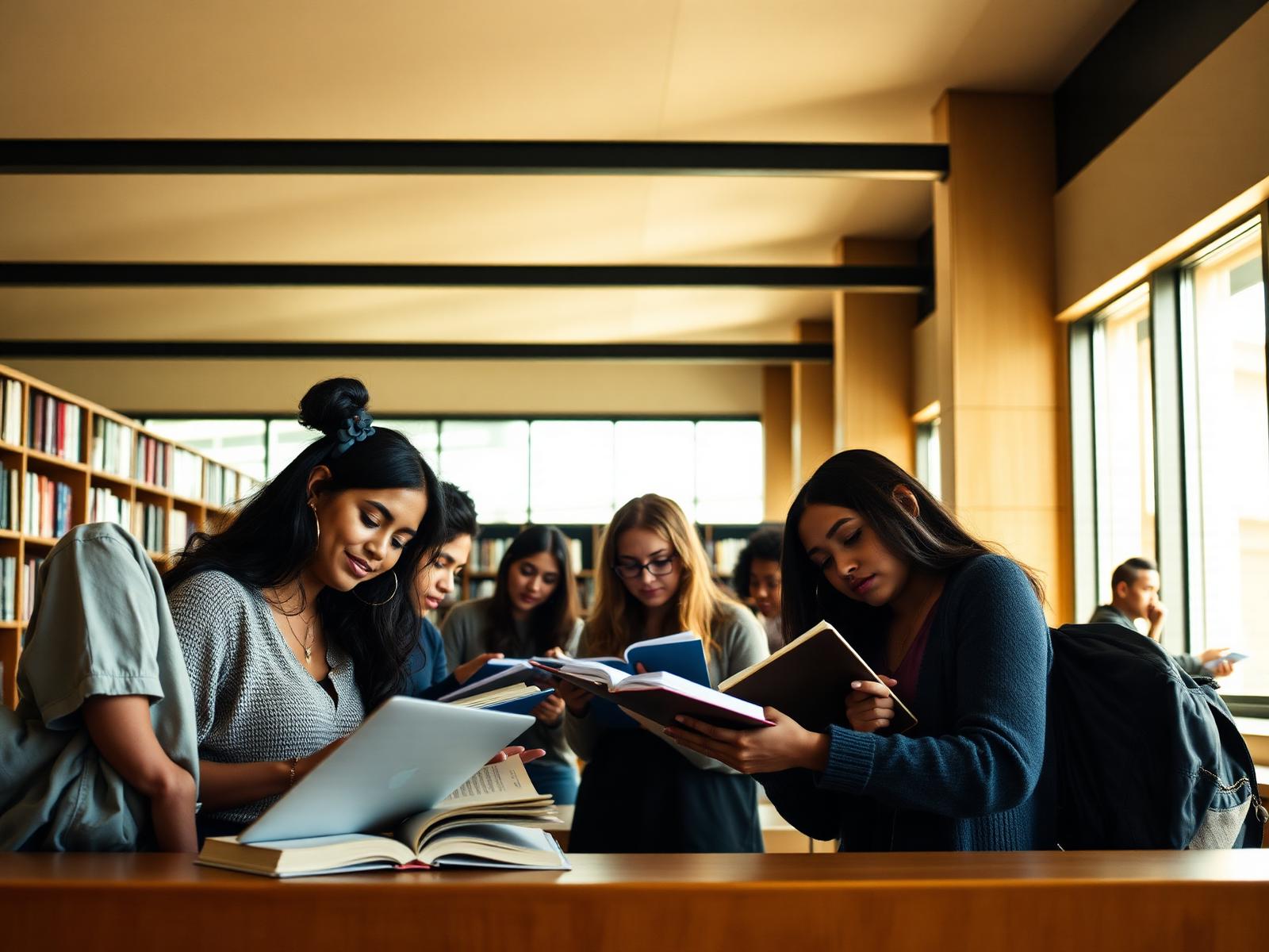 Students studying together in a bright university library