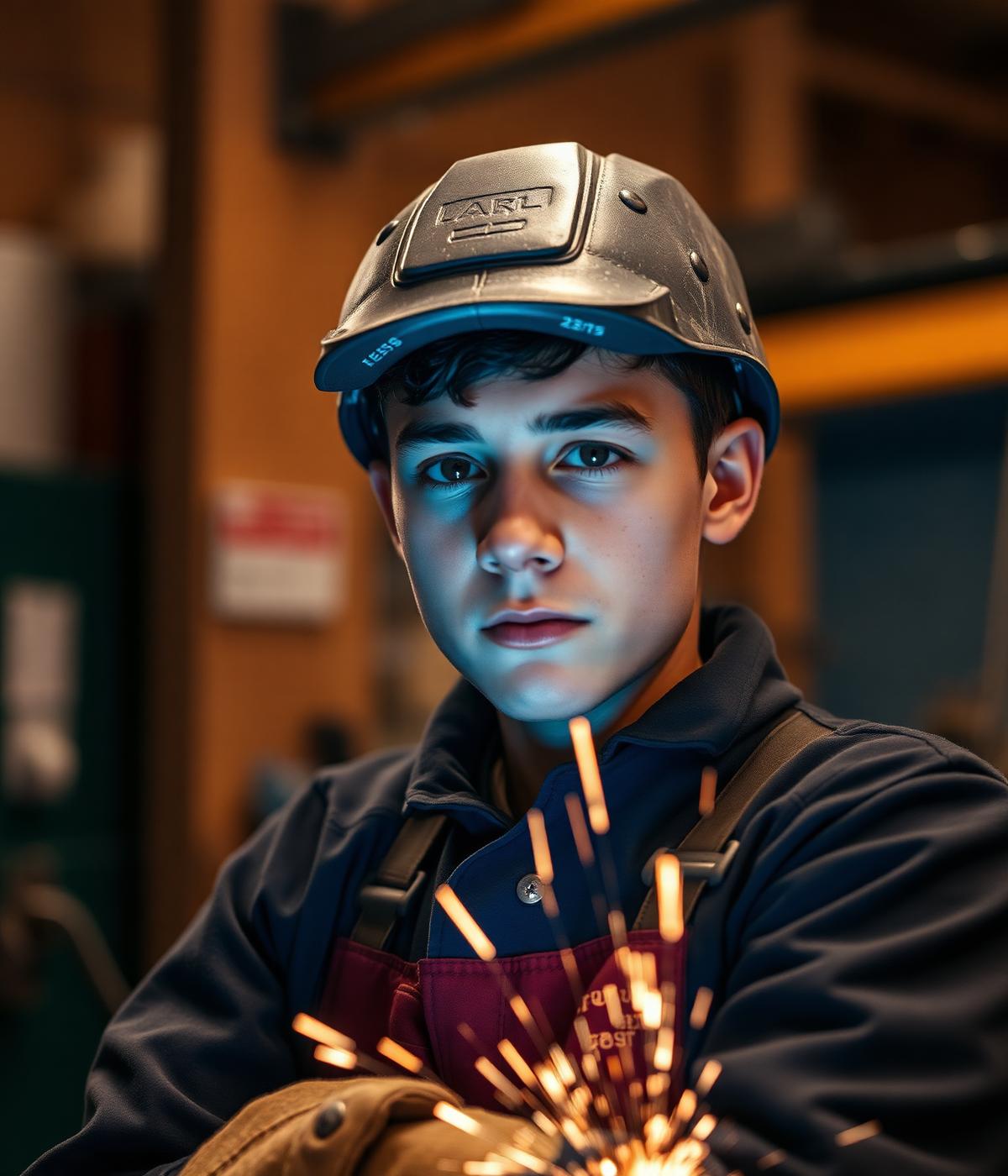 Young trade apprentice welder in workshop